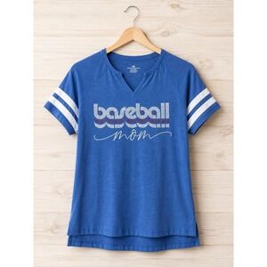 Baseball Mom Rhinestone Graphic V-Neck T-Shirt Women's Large Blue Short Sleeve